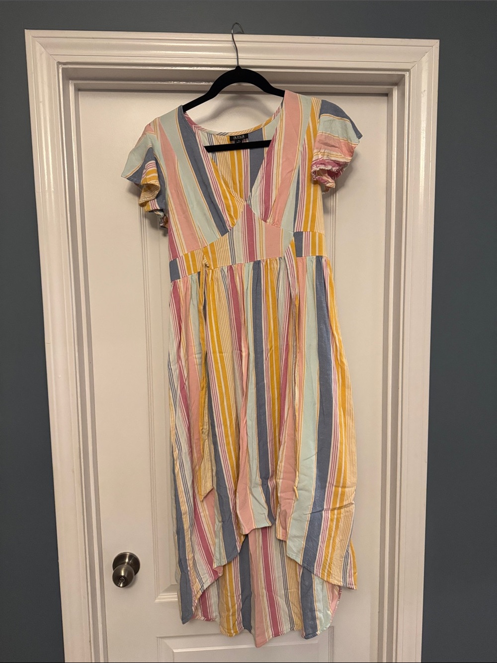 Multicolor Striped V-Neck, Tie-Back Dress - Pastel Yellow & Pink - Picture 1 of 1